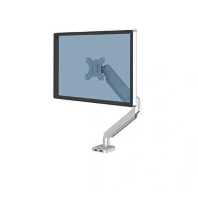 Immagine di Fellowes 8056401 Braccio monitor singolo Platinum Series, con funzioni di oscillazione, inclinazione, rotazione, 2 porte USB, dimensioni massime 30&quot; (9 kg), colore argento