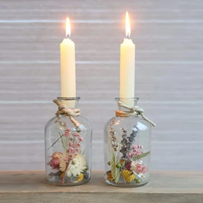 Immagine di fiori secchi in vetro con candele, set di vaso, 2 pezzi, secchi, bottiglie portacandele eterni, regali per donne (crema)