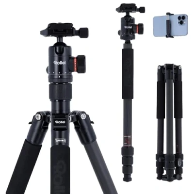 Immagine di Rollei Tripod C5i Carbon Treppiede in Carbonio, Testa a Sfera 3D, Asta Centrale Regolabile per Fotografia Macro, Arca Swiss Compatibile, Funzione Monopiede Nero