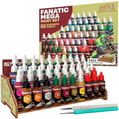 Immagine di The Army Painter, Warpaints Fanatic Mega Set Combo, 50 x 18 ml Colori Acrilici incl. metallici, effetti, lavaggi, 1 porta modellismo e 2 pennelli per Dnd Warhammer