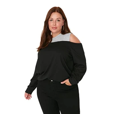 Immagine di Trendyol Donne Regular Fit Basic Girocollo Maglia Plus Size Felpa Tuta, Nero, 3XL Donna