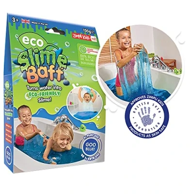 Immagine di Zimpli Kids Eco slime Baff Blu, 1 Bagno o 4 Usi di Gioco, Trasforma magicamente l&#039;acqua in appiccicoso e colorato, Giocattolo ecologico sostenibile riciclabile, Kit per fare