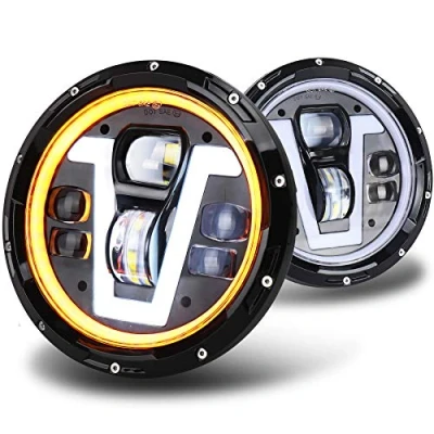 Immagine di Movotor Faro LED da 17,8 cm con indicatore di direzione ambra, tipo V, DRL bianco, abbaglianti e anabbaglianti, compatibile Defender 90 110, Jeep Wrangler JK, TJ, CJ, Miata mx5, mk1