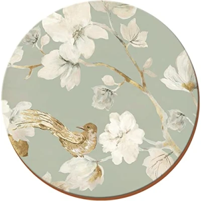 Immagine di Creative Tops Sottobicchieri Rotondi, Motivo Floreale con Uccelli, in Sughero, Set di 4, Colore: Azzurro Chiaro