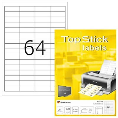 Immagine di TopStick etichette multiuso autoadesive, 64 per foglio A4, 100 fogli, 48,3 x 16,9 mm, 6400 etichette, universali vuote, stampanti laser e inkjet, bianco