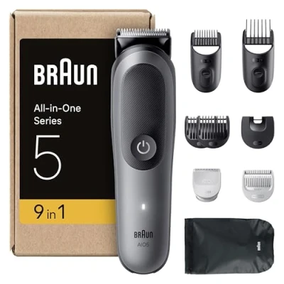 Immagine di Braun Rifinitore All in One Series 5, Rasoio Elettrico Barba E Capelli 9In1 Con Lama Ultra Affilata Tecnologia SkinGuard Per Il Corpo, 120 Min Di Autonomia, Impugnatura AquaGrip, AIO5545, Grigio