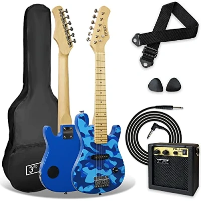 Immagine di 3rd Avenue Pacchetto beginner con chitarra elettrica junior di dimensioni 1/4 Avenue, amplificatore portatile da 5 W, cavo connessione, custodia, plettri e tracolla Blu mimetico