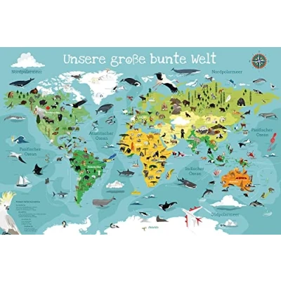 Immagine di Close Up Sottomano da scrivania per bambini, lavabile, mappa del mondo, 60 x 40 cm, impermeabile, in vinile resistente con rete interna poliestere