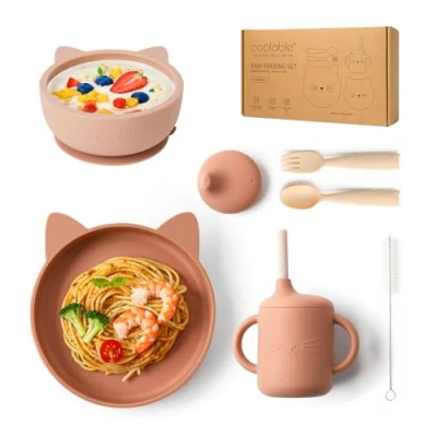 Immagine di COOLABLE Set pappa Svezzamento Bambino,Set di 7 Piatti per Bambini senza BPA,Include piatto e ciotola con ventosa, bicchiere, coperchio, forchetta cucchiaio, spazzola cannuccia Rosa Polveroso