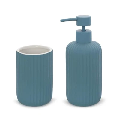 Immagine di Inbagno Set Accessori Bagno 2 Pezzi in Ceramica Blu Pastello cannettato, Dispenser Sapone e portaspazzolini Soft Touch, Spring