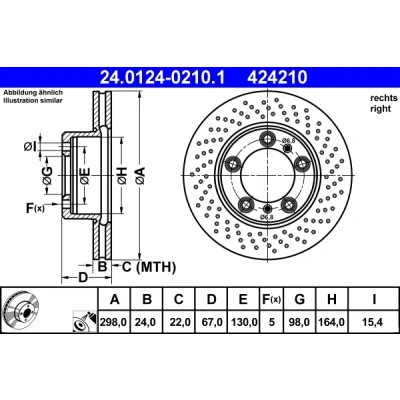 Immagine di ATE 24.0124 0210.1 Disco freno 298,0 24,0 5 130,0 perforato/ventilazione interna rivestito legato /ad alto tenore di carbonio PORSCHE: Cayman, Boxster