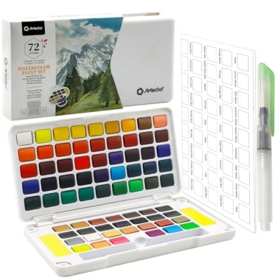 Immagine di Artecho Set di colori ad acquerello, 72 colori, in scatola portatile, con pennello per serbatoio dell&#039;acqua, acquerello viaggi, acquerelli artisti e pittori hobby