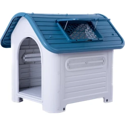 Immagine di Lanco Cuccia per cani di taglia media con tettuccio apribile regolabile. Uso interno ed esterno prese d&#039;aria. Materiale resistente. 87x72x75cm. Blu e Bianco.