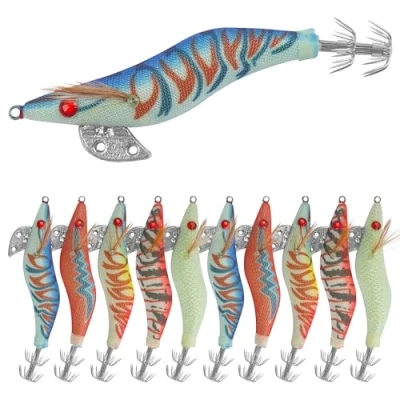 Immagine di SHADDOCK 10pcs Esche da Pesca di gamberetti Legno, Esca Calamari, Artificiali Spinner, Kit Glow con Ganci affilati Tackle(2.5# 10pcs)