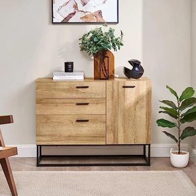 Immagine di [en.casa] Comò a 3 Cassetti e 1 Anta Armadio 75 x 100 35 cm Mobile Terra per Soggiorno/Ingresso Telaio in Metallo Nero/Effetto Rovere