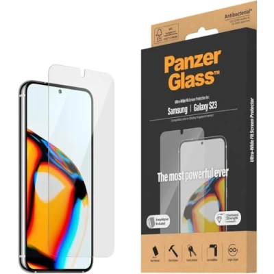 Immagine di PanzerGlass Pellicola protettiva Samsung Galaxy S23, ultra ampia, protezione display a schermo intero Funziona con sensore di impronte digitali e custodie, EasyAligner incluso