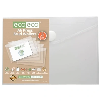 Immagine di eco Cartelle trasparenti in plastica riciclata al 95%, con bottone a pressione, formato A6, confezione da 5, eco155