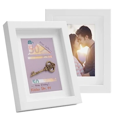 Immagine di PHOTOLINI 3D cornici 15x20 cm bianco, cornice profonda con vetro e passe partout, set di 2 per oggetti fino a 1,5 profondità, legno MDF perfetta il fai da te come regalo