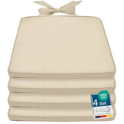 Immagine di Beautissu Set da 4 Cuscini Sedie 40x45 cm Beige Pia Esterno Comodi e Resistenti con Pratico Laccio Spessore 5cm Sfoderabili Giardino Mobili Rattan Legno Loft SK