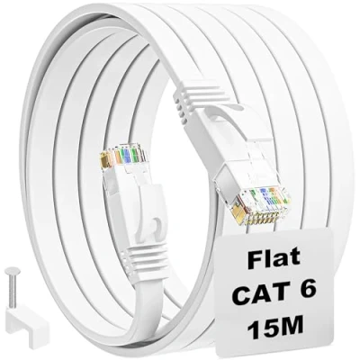 Immagine di Cavo Ethernet 15 Metri, Lan Cat 6 Lungo Internet Piatto ad Alta Velocità Gigabit di Rete Rj45 UTP Patch Bianco 15mt per Router Modem