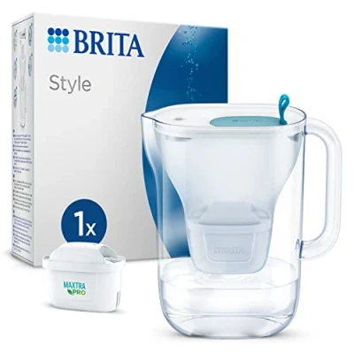 Immagine di BRITA caraffa filtrante Style Blue (2,4 L) con 1 cartuccia MAXTRA PRO All in dal design LED LTI intelligente e coperchio a scatto ora confezione sostenibile Smart Box