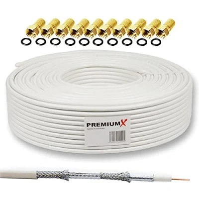Immagine di PremiumX BASIC Cavo coassiale da 25m Ricezione perfetta con schermatura in alluminio quadrupla 135dB Compatibile DVB S / S2, C, T, BK impianti Inclusi 10 connettori F