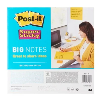 Immagine di Post it Foglietti Super Sticky Big Notes, Confezione da 1 blocchetto, con 30 Fogli ,279 mm x 279 mm, Colore Giallo, Adesivi, Formato Grande, per Appunti, Elenchi &amp; Promemoria