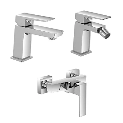 Immagine di Inbagno Set rubinetti miscelatori Lavabo Bidet e Doccia Esterno cromati, Scarico Click clack Incluso, Serie Kubo (Set Esterno)