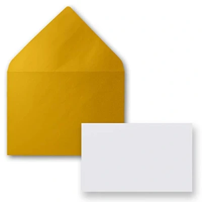 Immagine di Biglietti singoli con busta, DIN A8, 7,1 x 4,5 cm, buste formato C8, 7,6 5,2 chiusura da inumidire 25 Set 28, oro metallizzato.