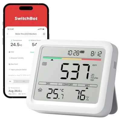 Immagine di SwitchBot rilevatore di CO2 per interni 6 in 1, CO2, monitor umidità e temperatura con app, ampio display, tester qualità dell&#039;aria Bluetooth casa, ufficio,