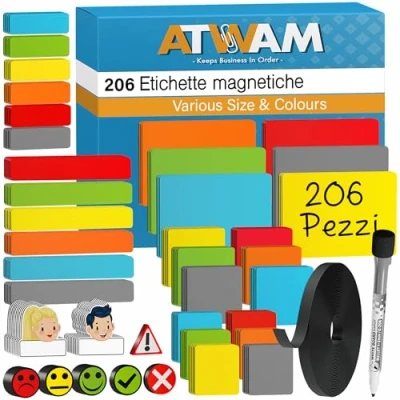 Immagine di ATWAM 206 Etichette Strisce Magnetiche Scrivibili Set MEGA Accessori 5 Dimensioni Diverse 6 Colori Scrum &amp; Kanban Magneti Per Lavagne Magnetiche, Frigoriferi