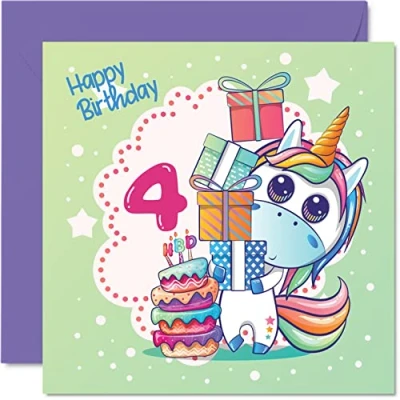 Immagine di Biglietto di auguri per il 4 compleanno ragazza magico con unicorno bambina anni, biglietti lei, 145 mm x figlia, nipote, bambini