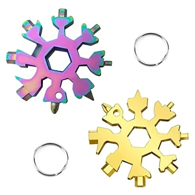 Immagine di DONGSZQ 2 Pezzi 18 in 1 Strumento,Strumento Fiocco di Neve,Portachiavi Neve,Opener Keychain,Cacciavite Bottle Opener Keychain Chiave per Viaggi Campeggio (Colorato + Oro)