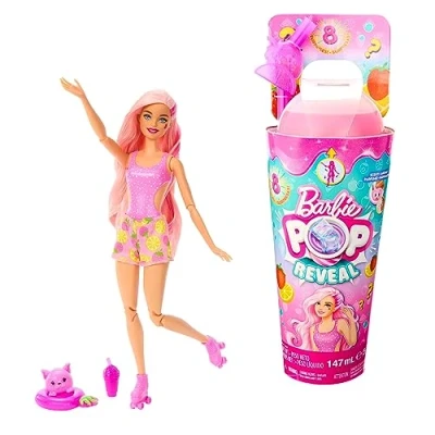 Immagine di Barbie Pop Reveal Serie Frutta, Bambola a Tema Limonata di Fragole con 8 sorprese profumate e Effetto Cambia Colore, Cucciolo Accessori Slime Inclusi, Giocattolo per Bambini, 3+ Anni, HNW41