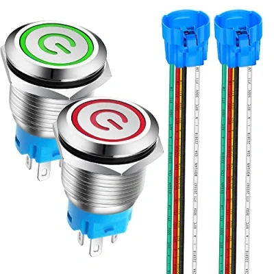 Immagine di Gebildet 2pcs 19mm Interruttori a Pulsante ad Aggancio in Acciaio Inossidabile, 12V 24V 5A LED 1NO1NC SPDT ON Off Interruttore Levetta Impermeabile con Spina Filo (Rosso + Verde)