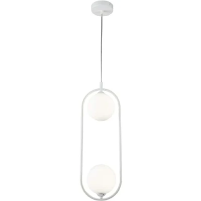 Immagine di Moderna Lampada pendente da soffitto, Altezza regolabile, Montatura in metallo bianco, 2 luci, diffusori sferici di vetro opaco, Design originale, nordico, industrial, per lampadine G9 25W non incl