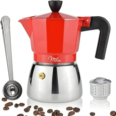 Immagine di Milu Caffettiera Induzione 3, 6,9 Tazze Espresso in Alluminio, Set comprendente sottobicchiere, cucchiaio, spazzola (Rosso, 3 (150ml)