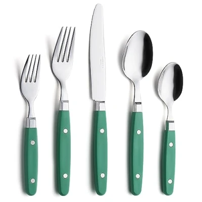 Immagine di Annova, set di posate in acciaio inox con manico colorato rivetto/posate stile retrò (Green, 20 Pieces)
