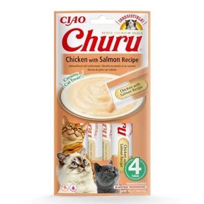 Immagine di INABA Churu Snack per Gatti Cremoso con Pollo e Salmone 1 Pack (4 Stick x 14gr) Cibo da Leccare, Sano Delizioso Gatto Senza Conservanti o Coloranti Artificiali, Grain Free