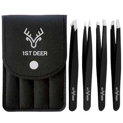 Immagine di 1st Deer Pinzette Set di 4 Precisione Professionali in Acciaio Inossidabile per Sopracciglia, Rimozione Peli del Viso, Incarniti, Punti Neri e Zecche Nero