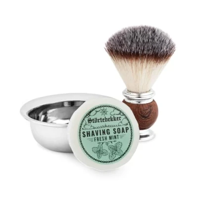 Immagine di Set di pennelli da barba con ciotola in acciaio inox e sapone (diversi tipi) per uomo preparazione alla rasatura (Fresh Mint)