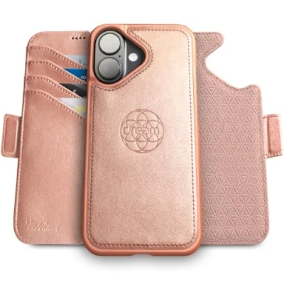 Immagine di dreem Fibonacci compatibile con iPhone 16 custodia a portafoglio/custodia antiurto 2 in 1 e folio pelle vegana staccabile, MagSafe, protezione RFID [Rosa]