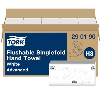 Immagine di Tork 290190 Asciugamani a piegatura singola e dissolvimento rapido Advanced, compatibili con sistema H3, 2 veli, 1 conf. 15 pacchetti x 250 asciugamani, bianco
