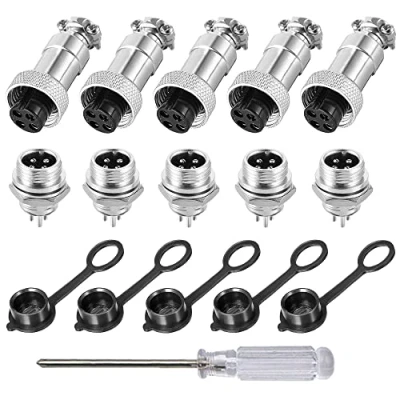 Immagine di Aiqeer 5 Pezzi 4 Pin GX12 Connettore Aviazione, 12 mm Aviazione Metallo, 5A Maschio Femmina, con Cappuccio in Gomma e Cacciavite a Croce
