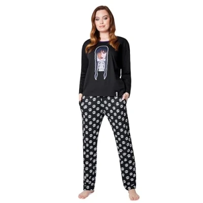 Immagine di Wednesday Pigiama Donna Cotone Lungo a Maniche Lunghe S XL Due Pezzi mercoledì Addams Invernale Autunnale (Noir/Wednesday, S)