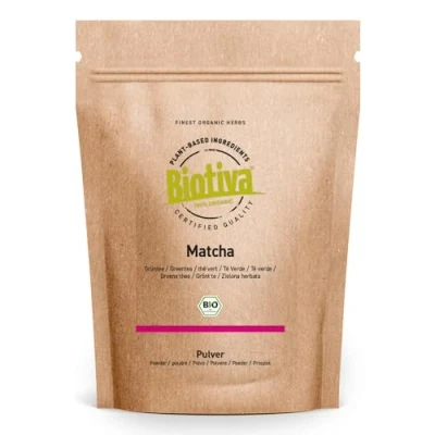 Immagine di Tè di matcha Bio 100g polvere originale tè, latte, frullati 100% coltivazione ecosostenibile confezionato e imbottigliato in Germania Biotiva