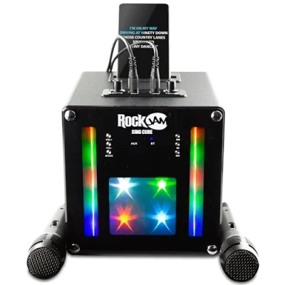 Immagine di RockJam Macchina karaoke Bluetooth Singcube da 5 Watt con doppio microfono, effetti di cambio vocale e luci LED, nero