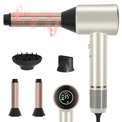 Immagine di PARWIN PRO BEAUTY Asciugacapelli Air Sonic, Display LED HD, con Motore Brushless a Basso Rumore da 110.000 Giri/min, 2x Airstyler（Champagne Argento）