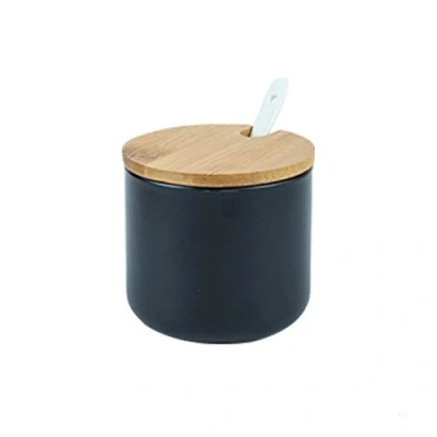 Immagine di OnePine 260ml Zuccheriera in Ceramica, Contenitore per spezie barattoli Rotonda con Coperchio e Cucchiaio, Design Elegante, Casa Cucina (Nero)