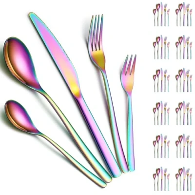 Immagine di Set di posate 60 pezzi Servizio per 12 persone con placcatura in titanio arcobaleno Include coltelli da tavola, cucchiai forchette cucchiaini tè, dessert